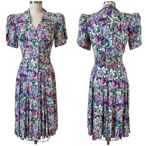 Vintage Floral Midi Dress - Purple and Green